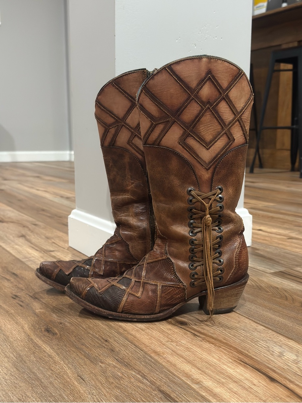 CORRAL Honey Lizard Laser Cut Overlay Lace Up Leather Cowboy Boots | Size 8.5